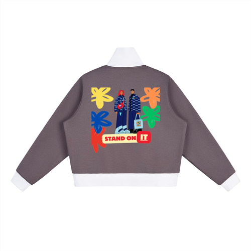 Contrast Side Stripe Fleece Cropped Track Jacket